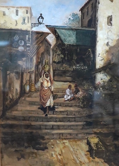 Orientalist watercolour, Street scene with figures, indistinctly signed A Pavy de Cha? Lower right, 34 x 24cm. Condition - good